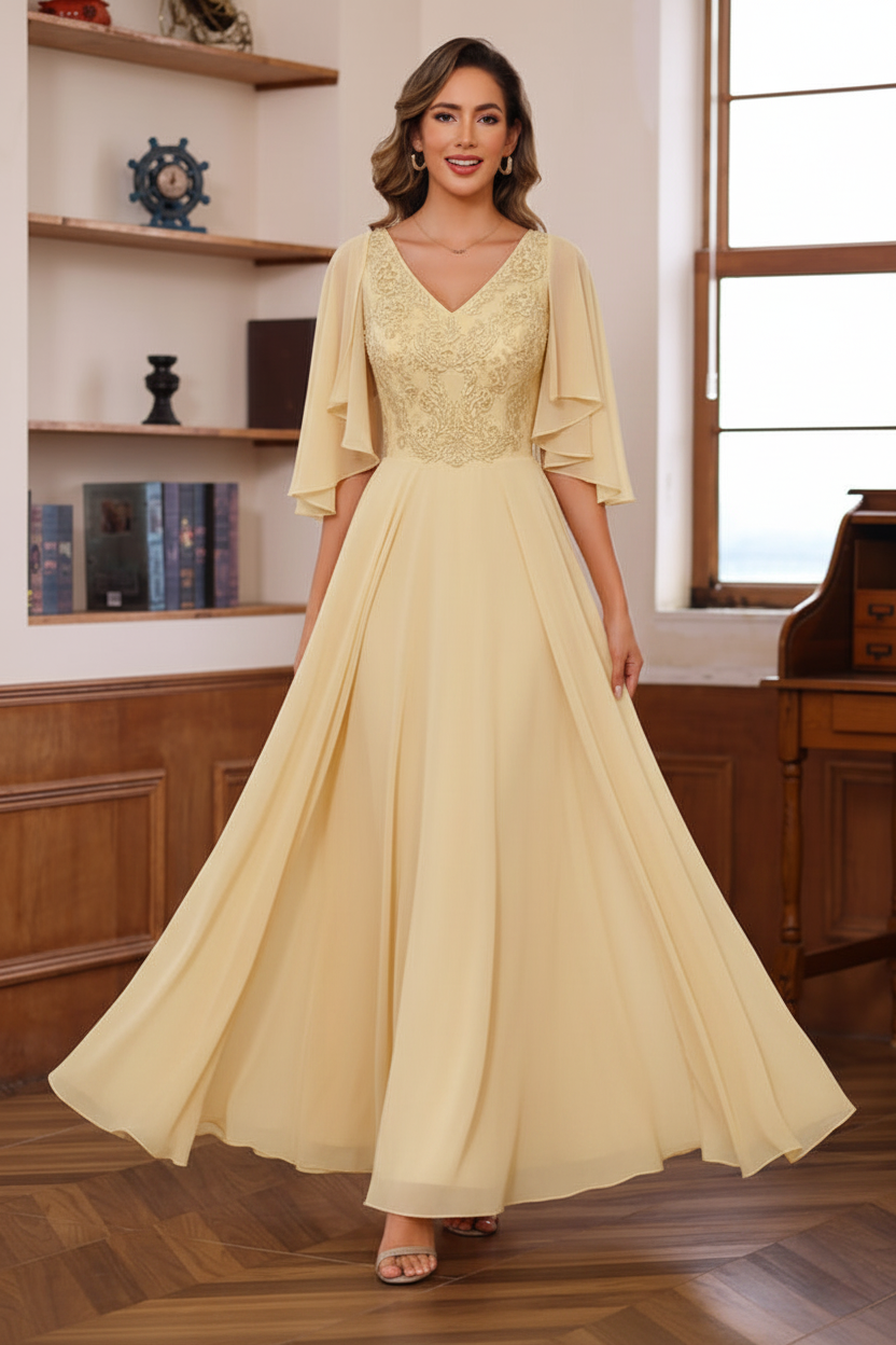 A-Line/Princess V-Neck 2 Pics Floor-Length Mother of the Bride Dresses with Appliques & Wrap