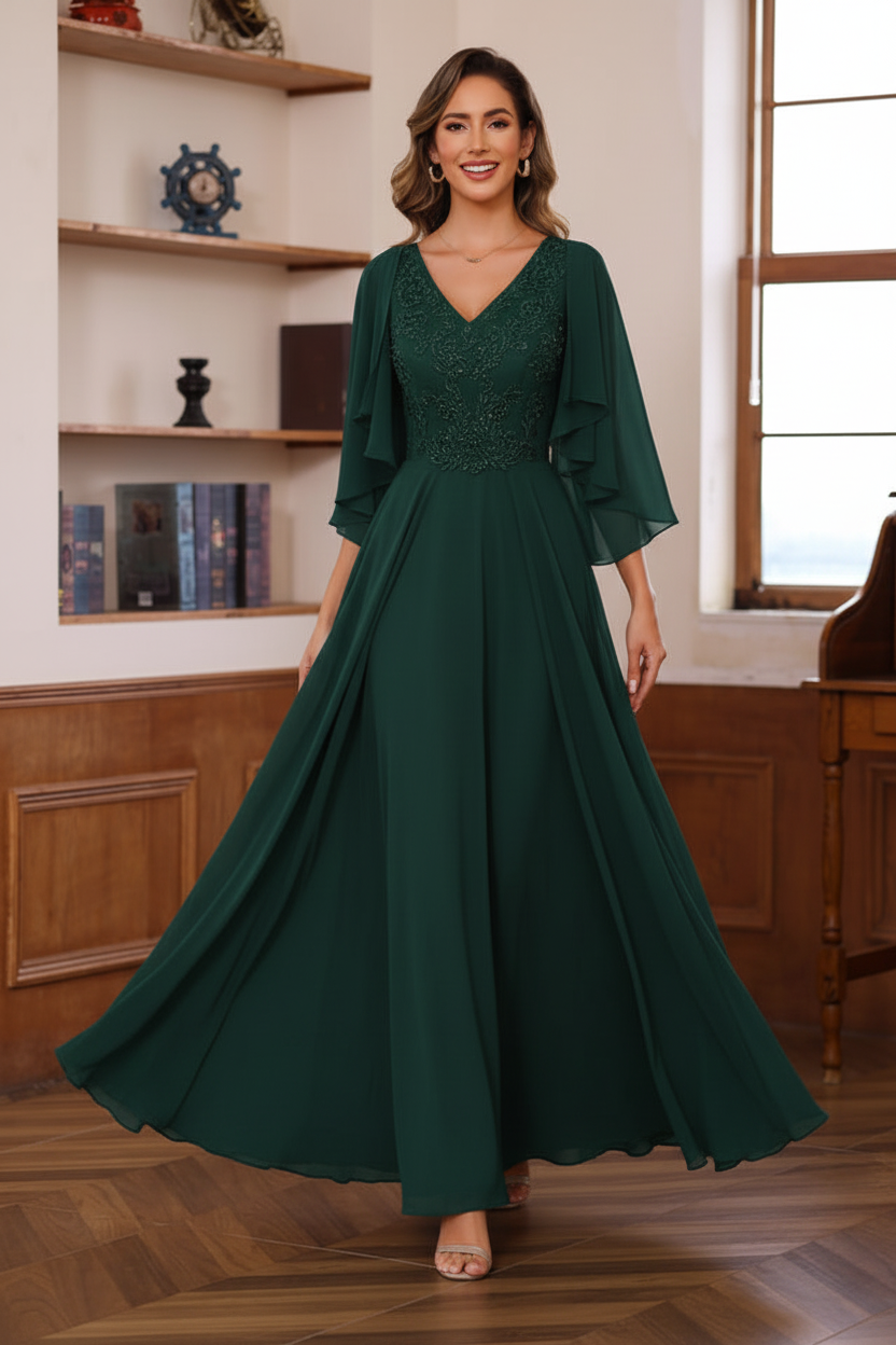 A-Line/Princess V-Neck 2 Pics Floor-Length Mother of the Bride Dresses with Appliques & Wrap
