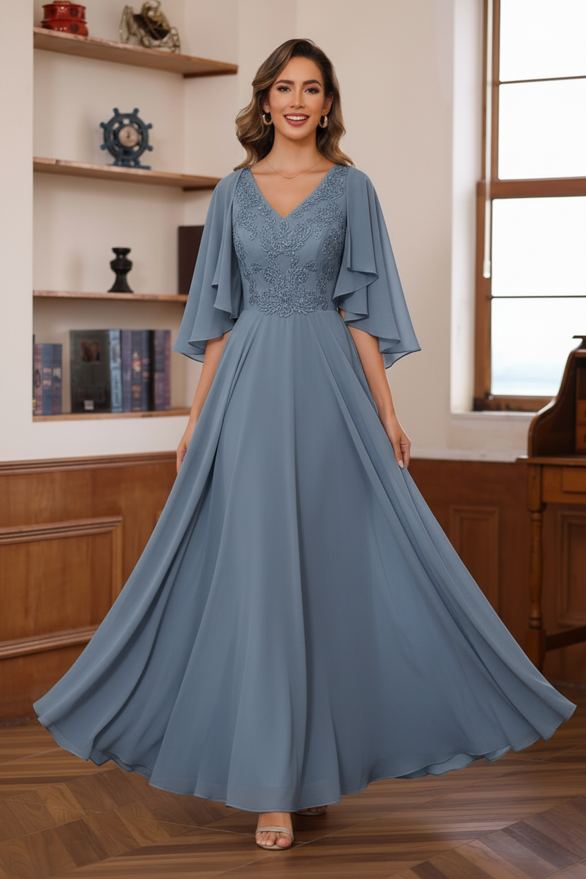 A-Line/Princess V-Neck 2 Pics Floor-Length Mother of the Bride Dresses with Appliques & Wrap