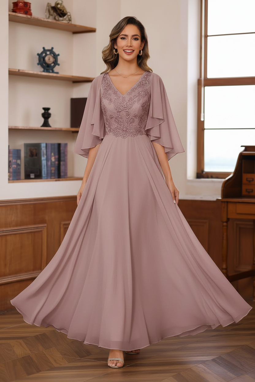 A-Line/Princess V-Neck 2 Pics Floor-Length Mother of the Bride Dresses with Appliques & Wrap