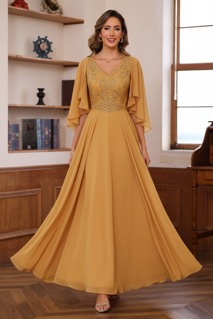 A-Line/Princess V-Neck 2 Pics Floor-Length Mother of the Bride Dresses with Appliques & Wrap
