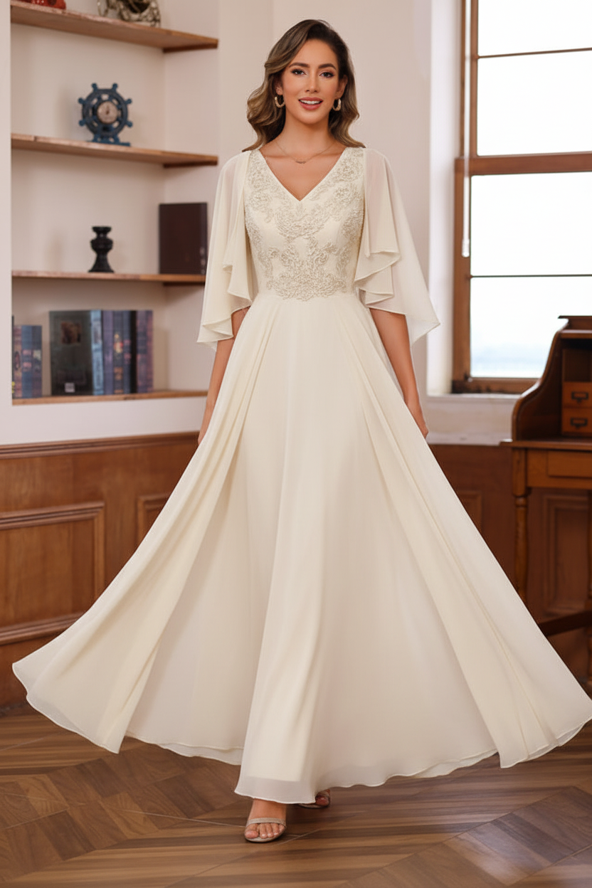 A-Line/Princess V-Neck 2 Pics Floor-Length Mother of the Bride Dresses with Appliques & Wrap