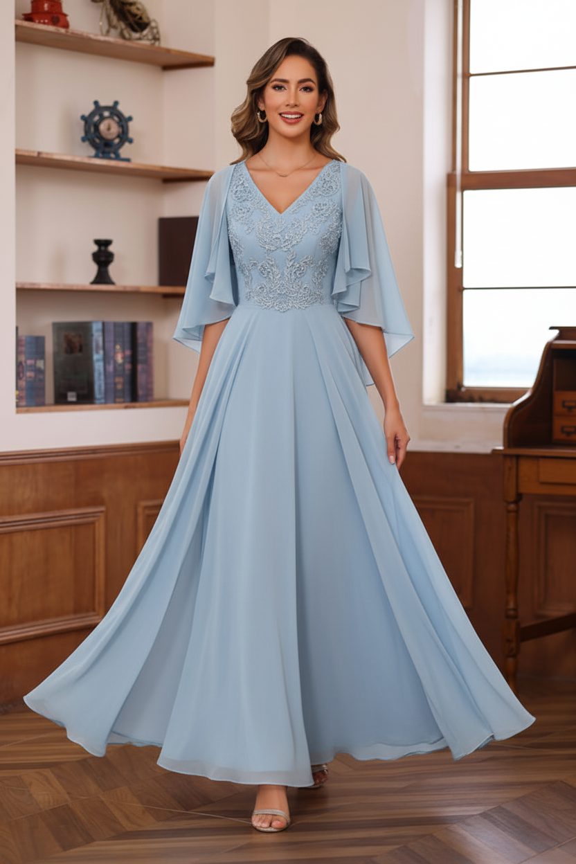 A-Line/Princess V-Neck 2 Pics Floor-Length Mother of the Bride Dresses with Appliques & Wrap