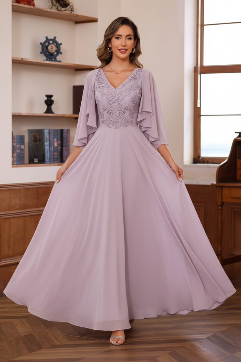A-Line/Princess V-Neck 2 Pics Floor-Length Mother of the Bride Dresses with Appliques & Wrap