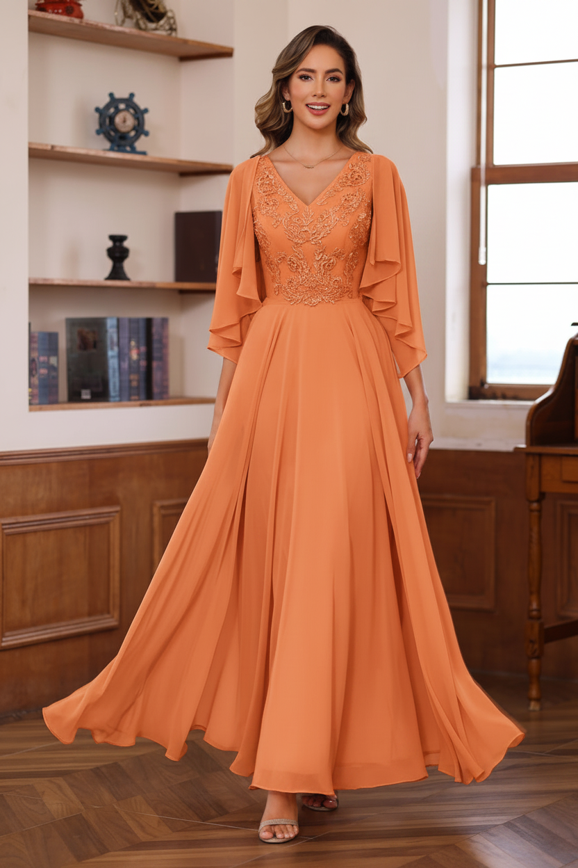 A-Line/Princess V-Neck 2 Pics Floor-Length Mother of the Bride Dresses with Appliques & Wrap