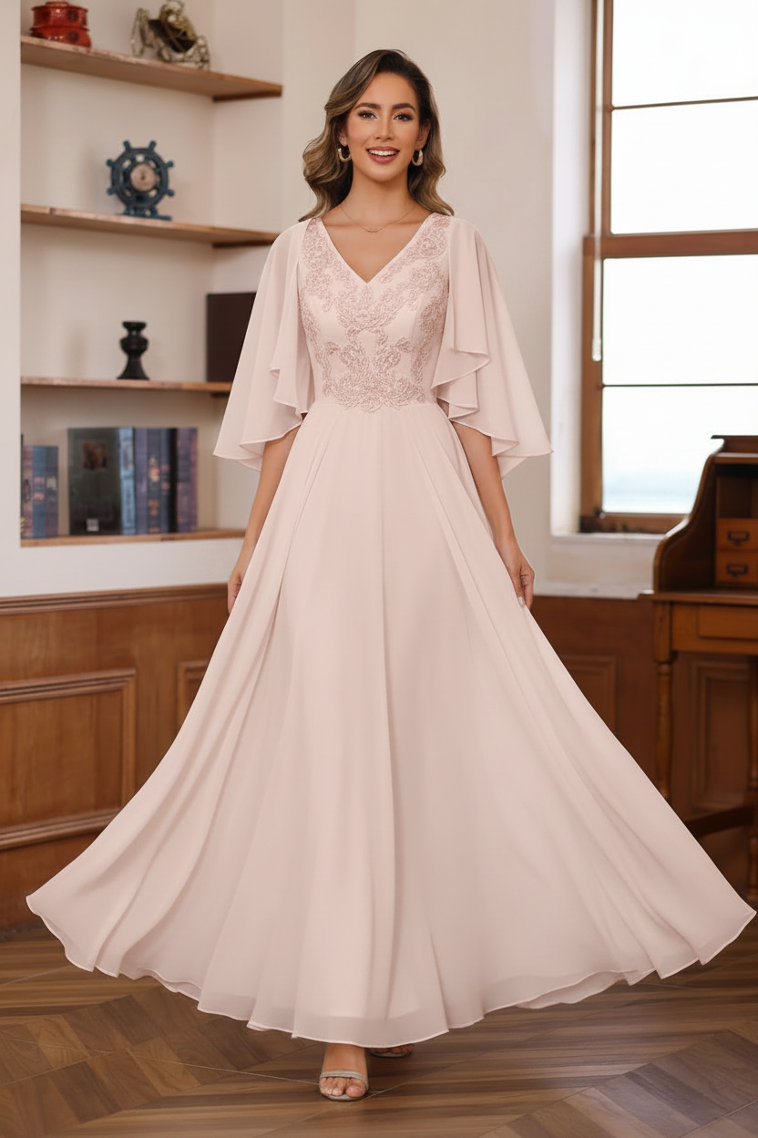 A-Line/Princess V-Neck 2 Pics Floor-Length Mother of the Bride Dresses with Appliques & Wrap