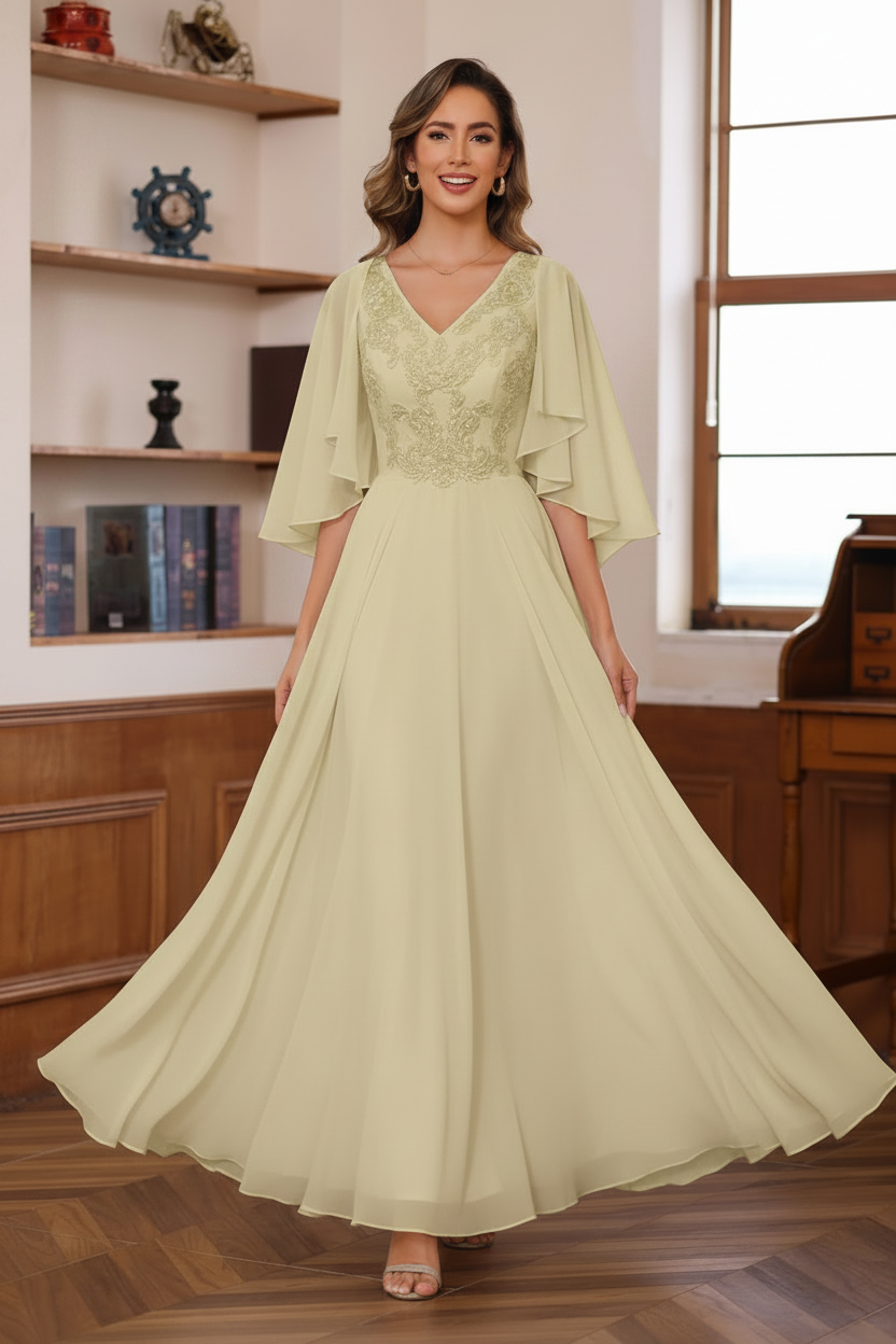 A-Line/Princess V-Neck 2 Pics Floor-Length Mother of the Bride Dresses with Appliques & Wrap