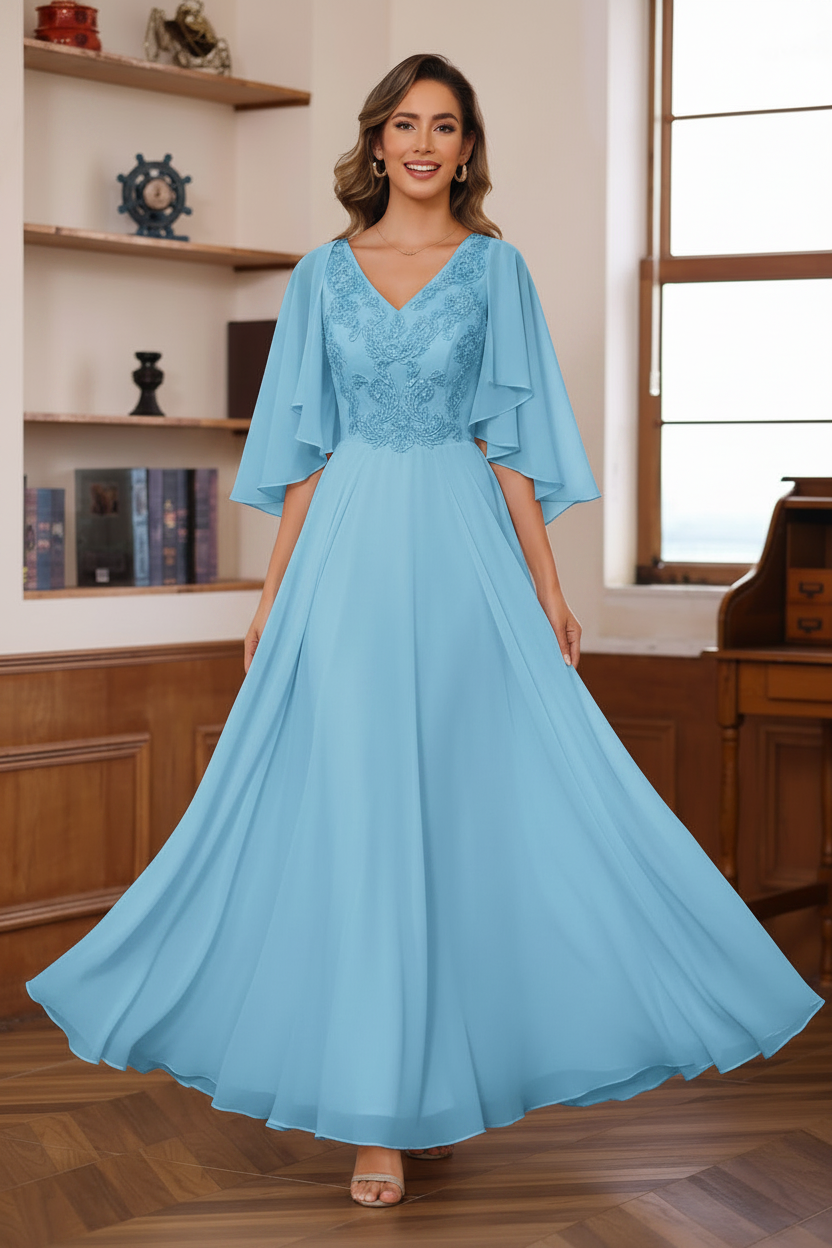 A-Line/Princess V-Neck 2 Pics Floor-Length Mother of the Bride Dresses with Appliques & Wrap