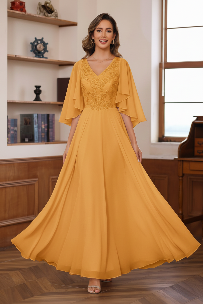 A-Line/Princess V-Neck 2 Pics Floor-Length Mother of the Bride Dresses with Appliques & Wrap