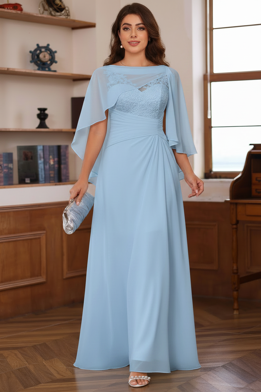 A-Line/Princess V-Neck 2 Pics Floor-Length Plus Size Mother of the Bride Dresses with Appliques, Ruffles & Wrap