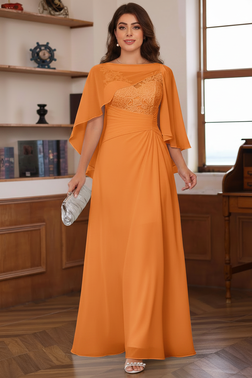 A-Line/Princess V-Neck 2 Pics Floor-Length Plus Size Mother of the Bride Dresses with Appliques, Ruffles & Wrap