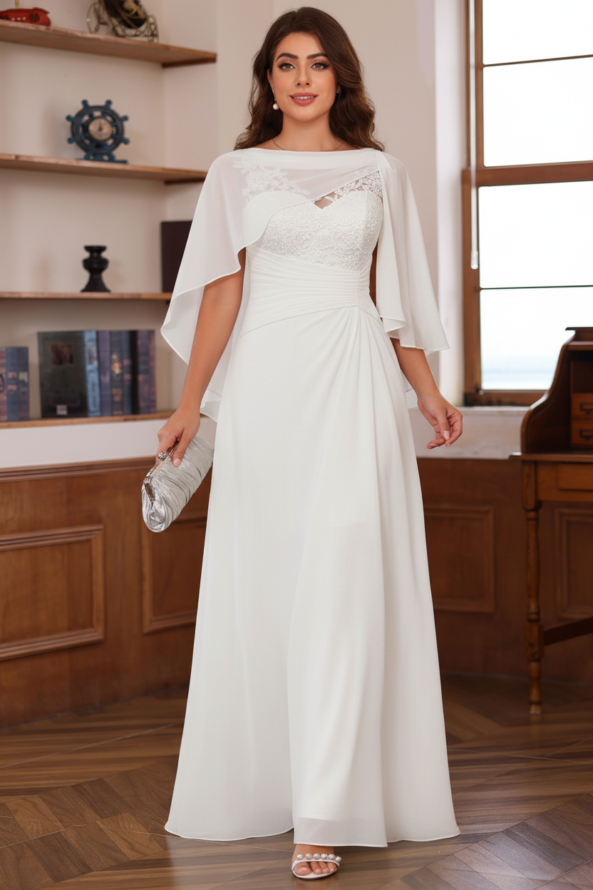 A-Line/Princess V-Neck 2 Pics Floor-Length Plus Size Mother of the Bride Dresses with Appliques, Ruffles & Wrap