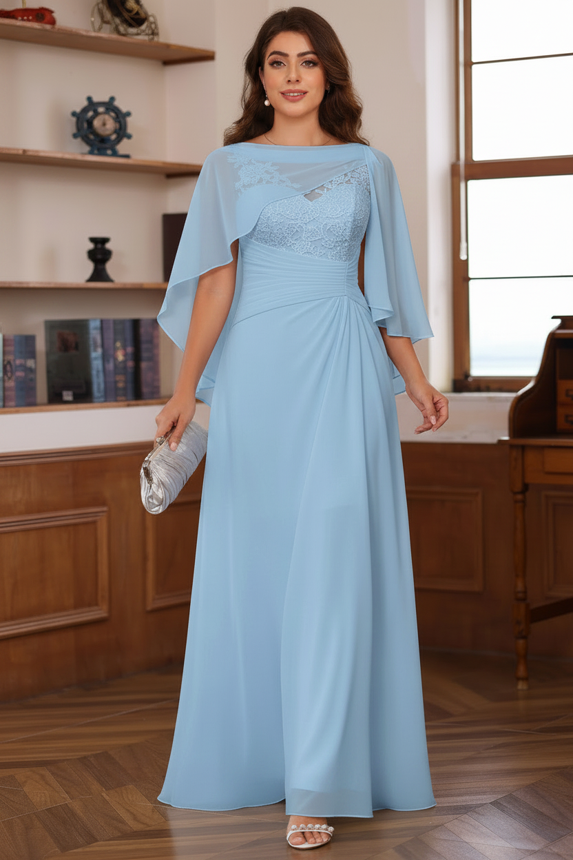 A-Line/Princess V-Neck 2 Pics Floor-Length Plus Size Mother of the Bride Dresses with Appliques, Ruffles & Wrap