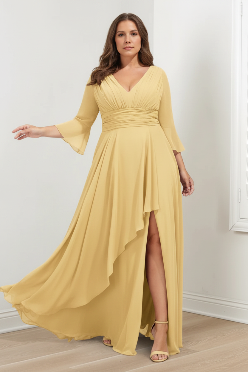 A-Line/Princess V-Neck 3/4 Length Sleeves Asymmetrical Plus Size Mother of the Bride Dresses with Ruffles