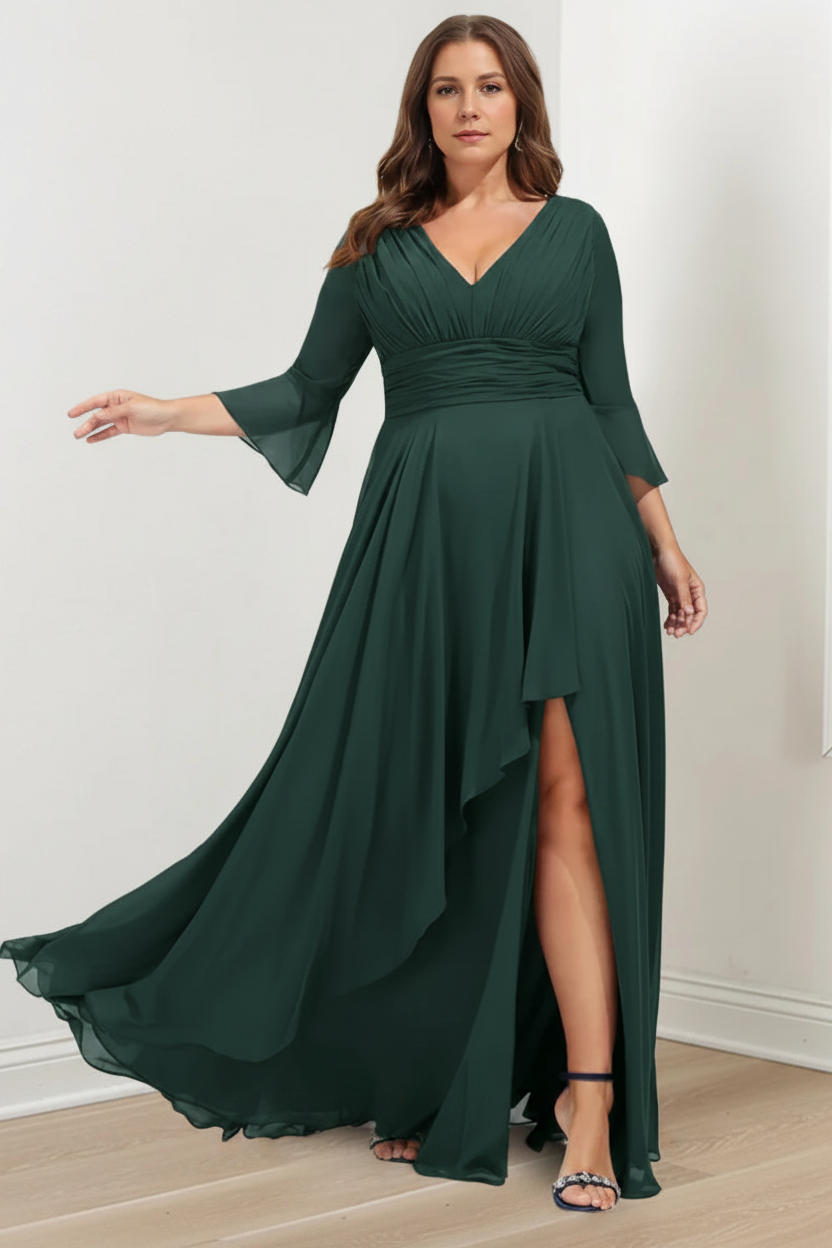 A-Line/Princess V-Neck 3/4 Length Sleeves Asymmetrical Plus Size Mother of the Bride Dresses with Ruffles