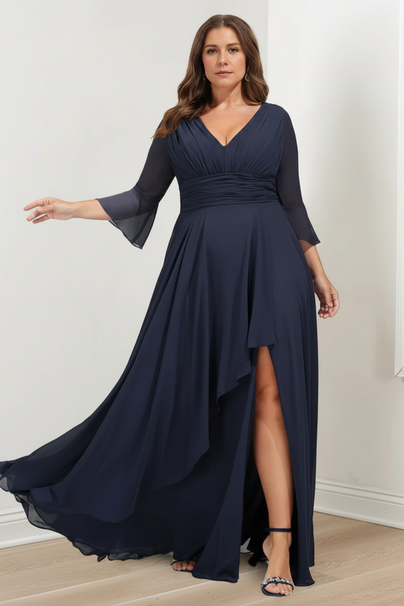 A-Line/Princess V-Neck 3/4 Length Sleeves Asymmetrical Plus Size Mother of the Bride Dresses with Ruffles