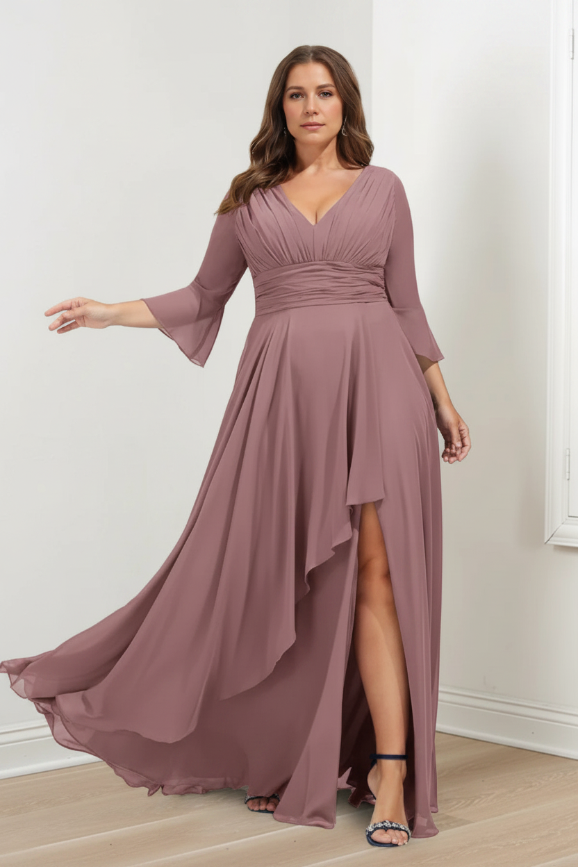 A-Line/Princess V-Neck 3/4 Length Sleeves Asymmetrical Plus Size Mother of the Bride Dresses with Ruffles