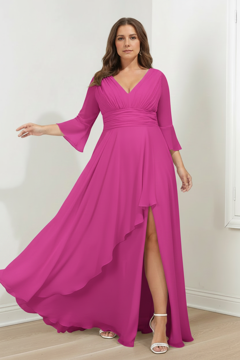 A-Line/Princess V-Neck 3/4 Length Sleeves Asymmetrical Plus Size Mother of the Bride Dresses with Ruffles