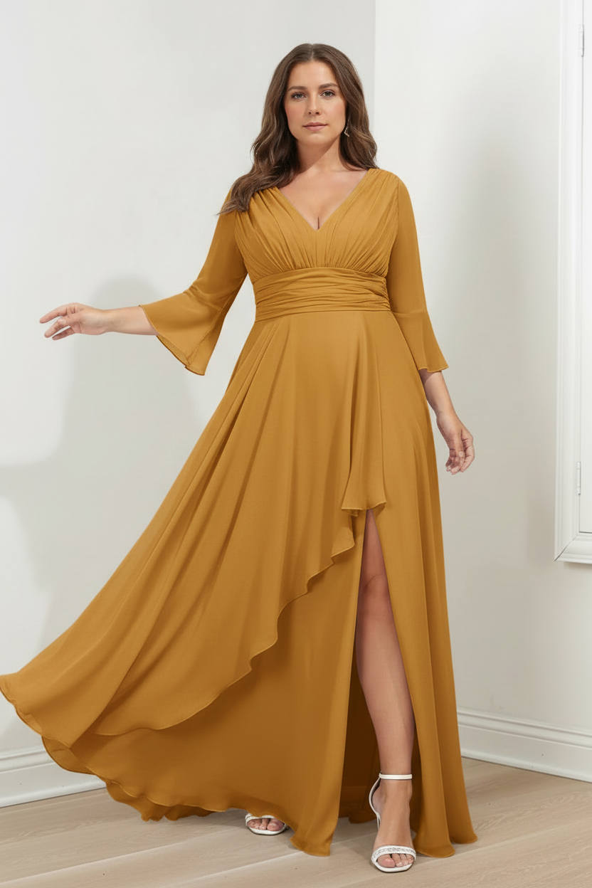A-Line/Princess V-Neck 3/4 Length Sleeves Asymmetrical Plus Size Mother of the Bride Dresses with Ruffles