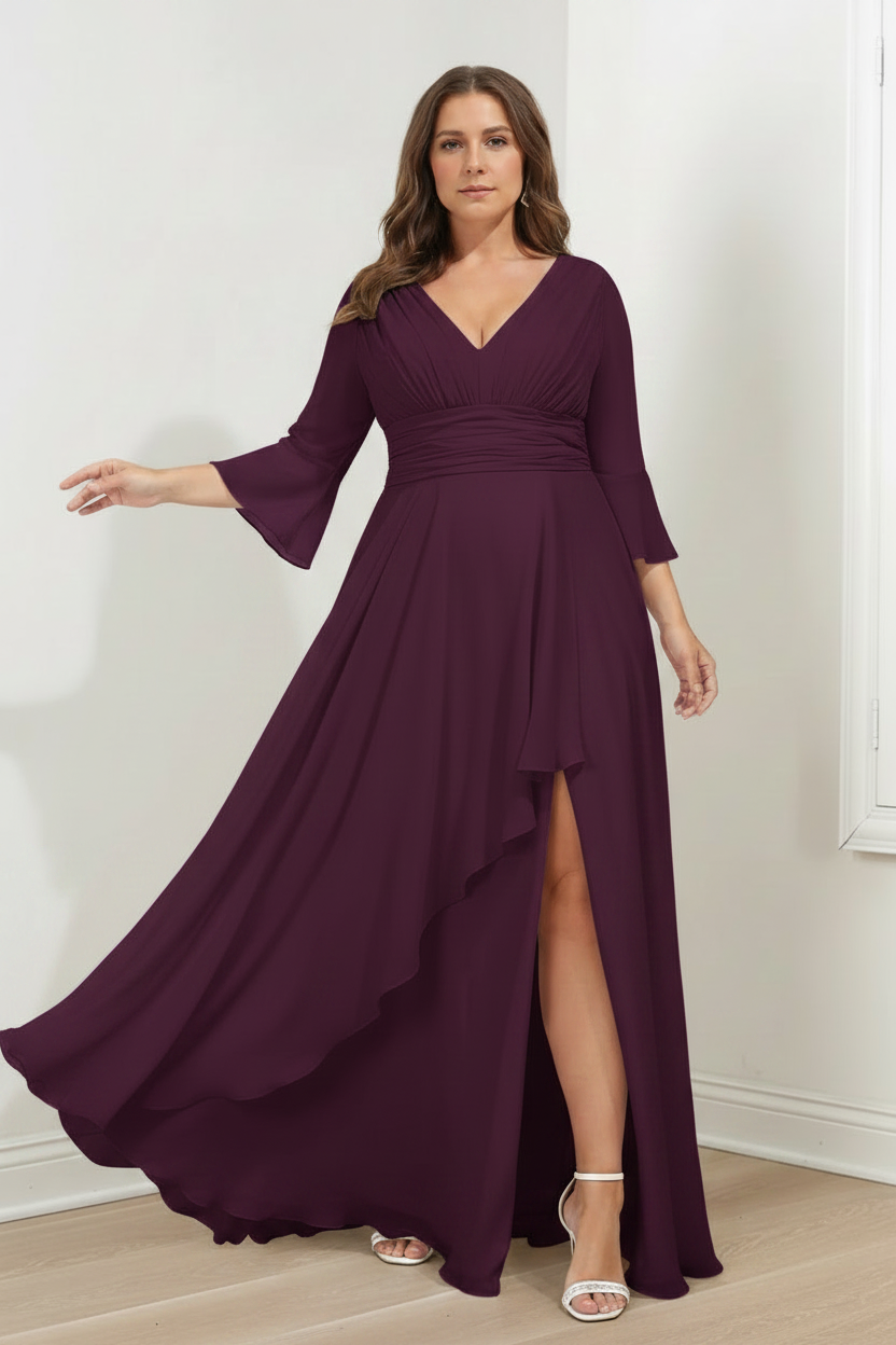 A-Line/Princess V-Neck 3/4 Length Sleeves Asymmetrical Plus Size Mother of the Bride Dresses with Ruffles