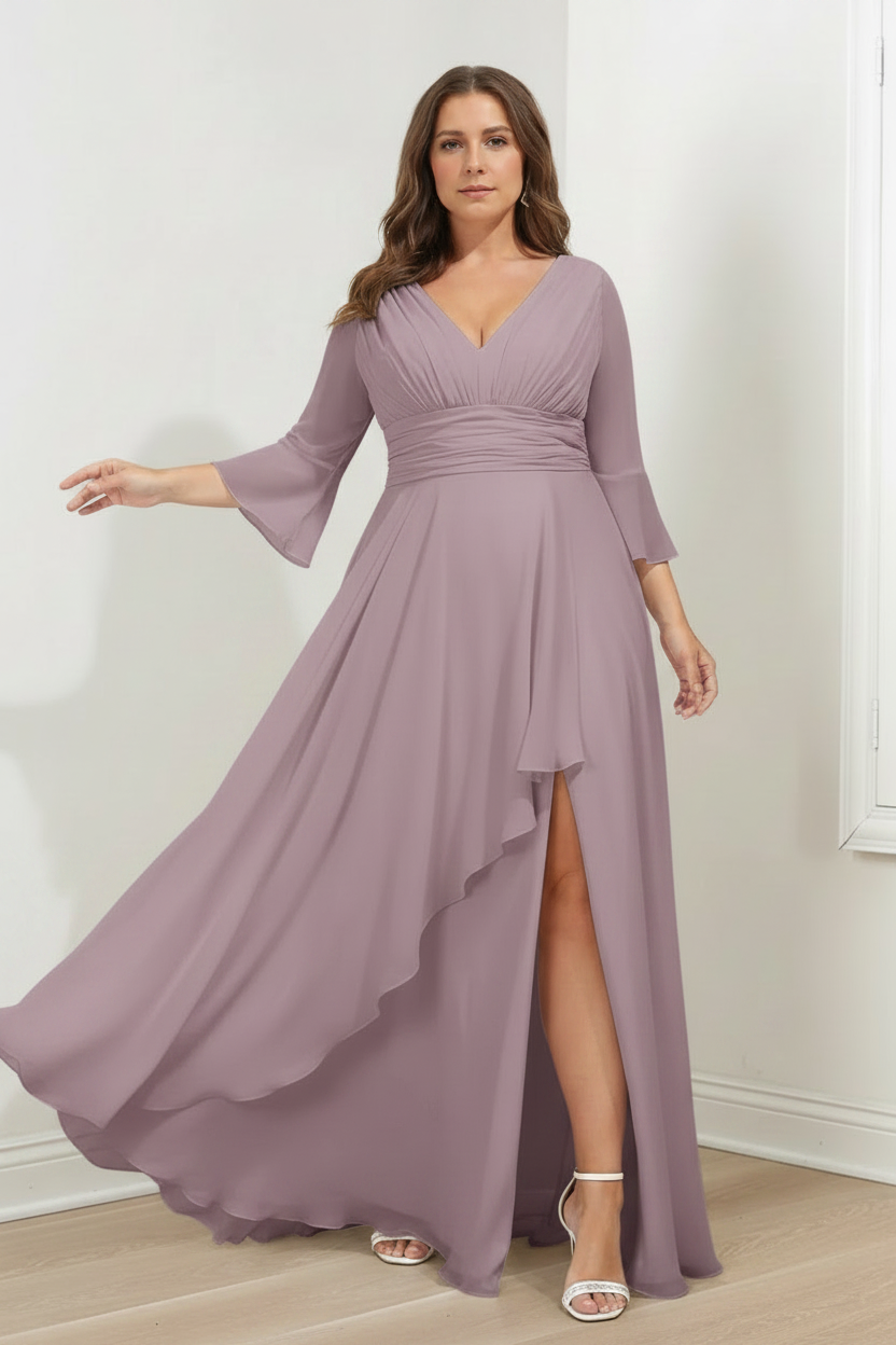 A-Line/Princess V-Neck 3/4 Length Sleeves Asymmetrical Plus Size Mother of the Bride Dresses with Ruffles