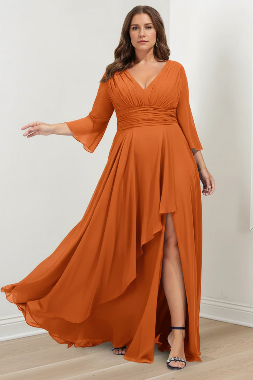 A-Line/Princess V-Neck 3/4 Length Sleeves Asymmetrical Plus Size Mother of the Bride Dresses with Ruffles