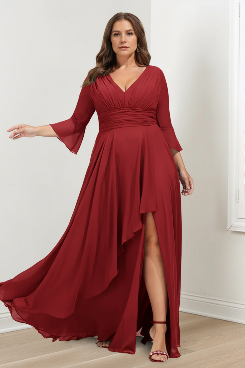 A-Line/Princess V-Neck 3/4 Length Sleeves Asymmetrical Plus Size Mother of the Bride Dresses with Ruffles