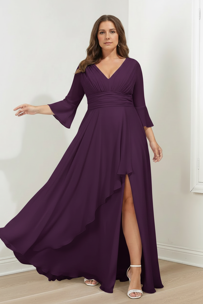 A-Line/Princess V-Neck 3/4 Length Sleeves Asymmetrical Plus Size Mother of the Bride Dresses with Ruffles