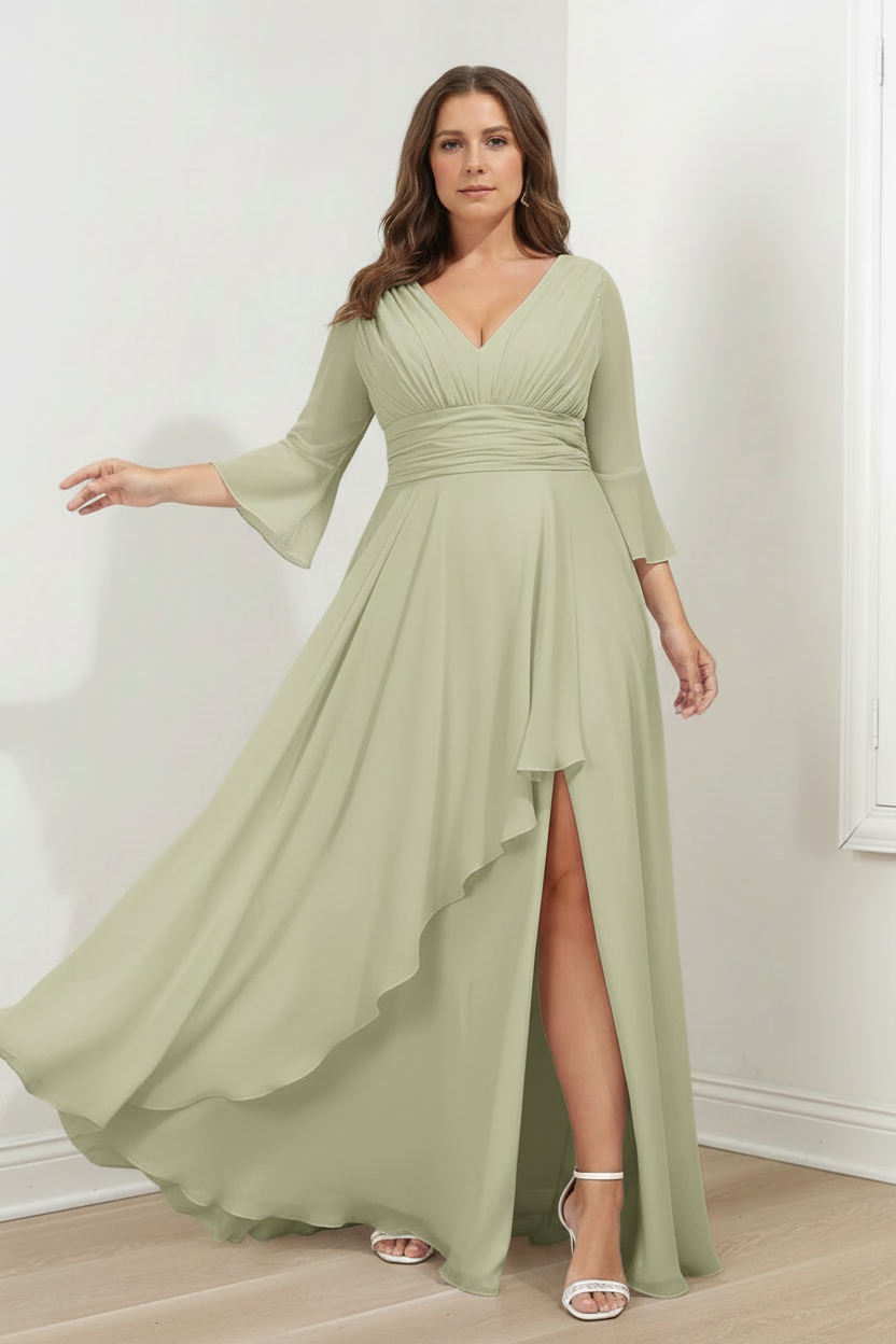 A-Line/Princess V-Neck 3/4 Length Sleeves Asymmetrical Plus Size Mother of the Bride Dresses with Ruffles