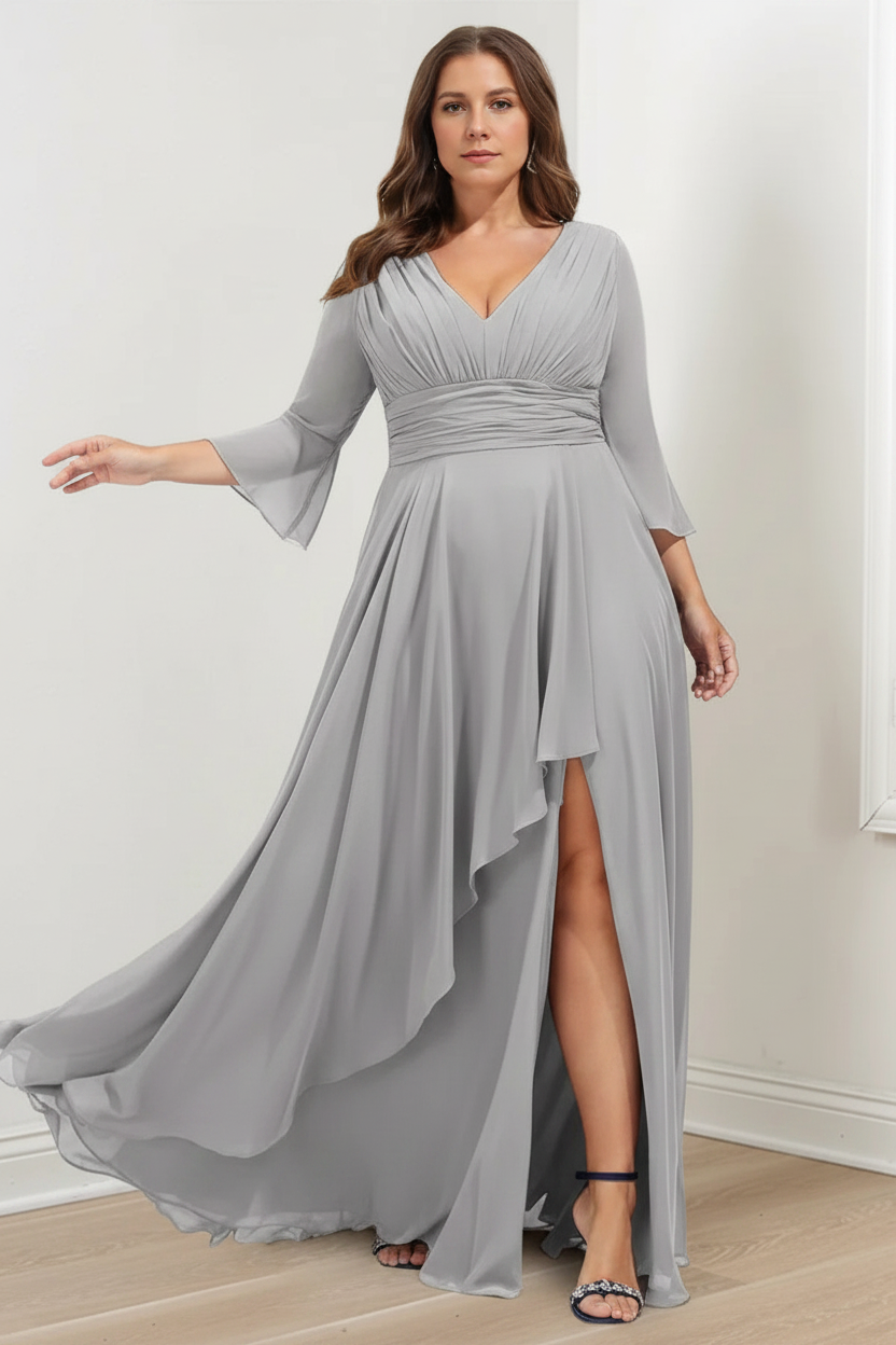 A-Line/Princess V-Neck 3/4 Length Sleeves Asymmetrical Plus Size Mother of the Bride Dresses with Ruffles
