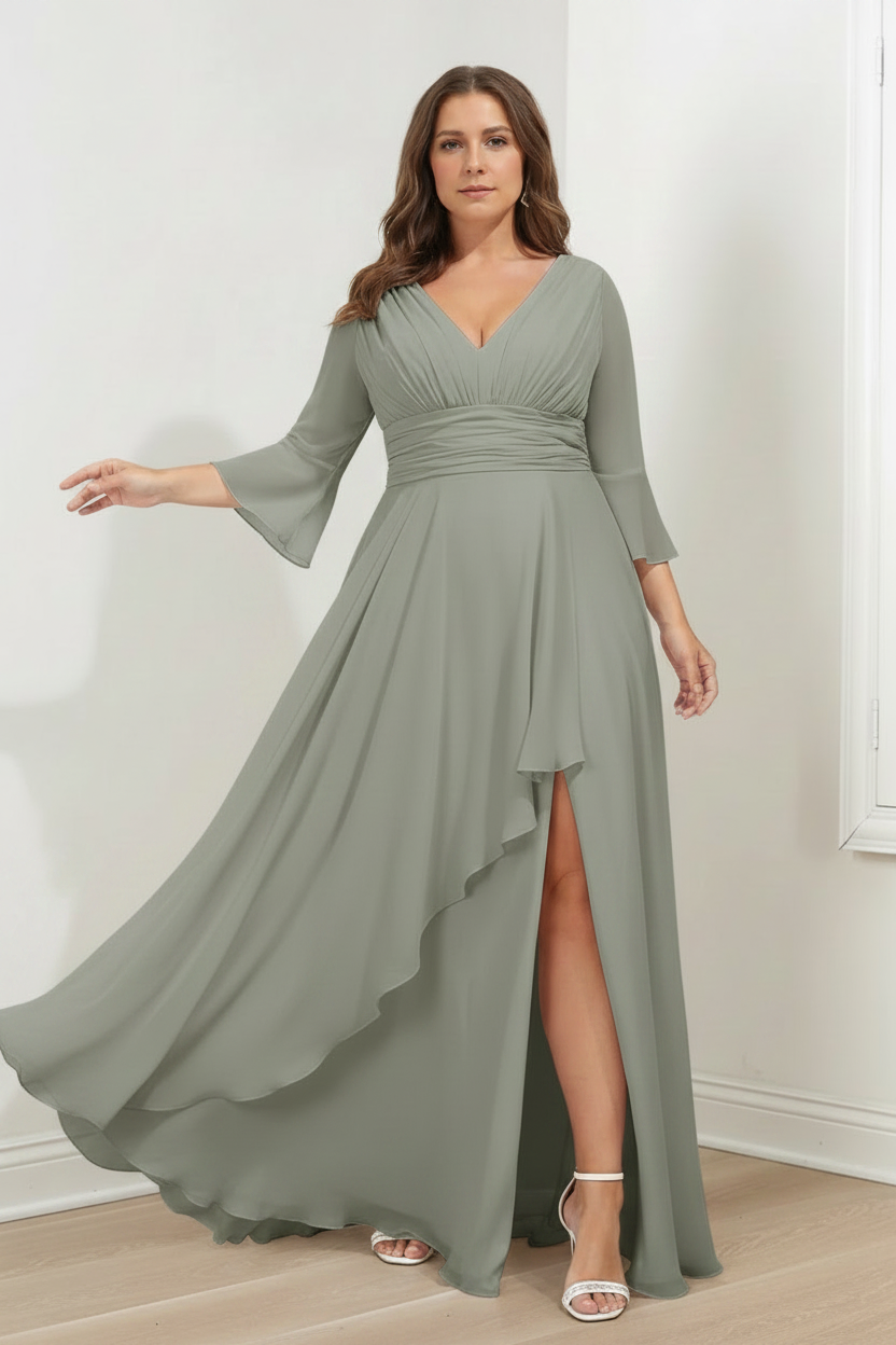 A-Line/Princess V-Neck 3/4 Length Sleeves Asymmetrical Plus Size Mother of the Bride Dresses with Ruffles