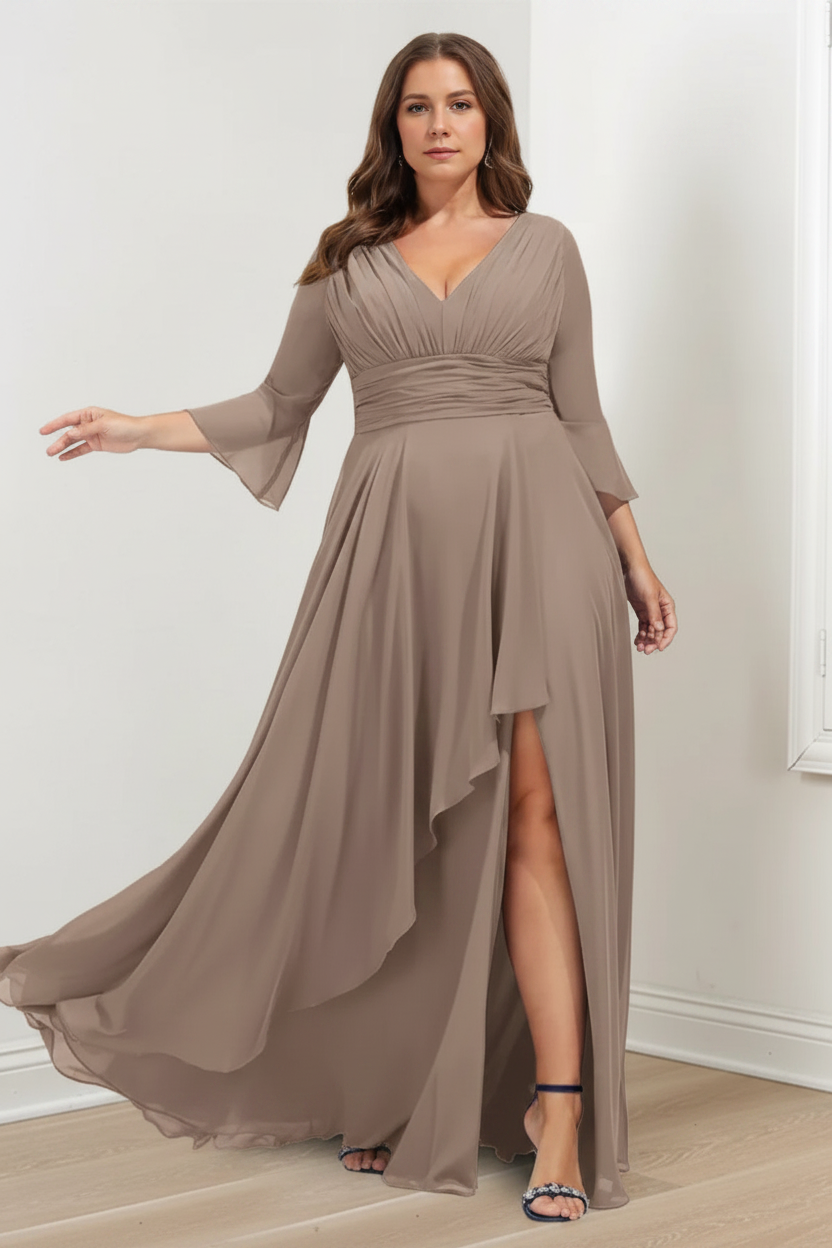A-Line/Princess V-Neck 3/4 Length Sleeves Asymmetrical Plus Size Mother of the Bride Dresses with Ruffles