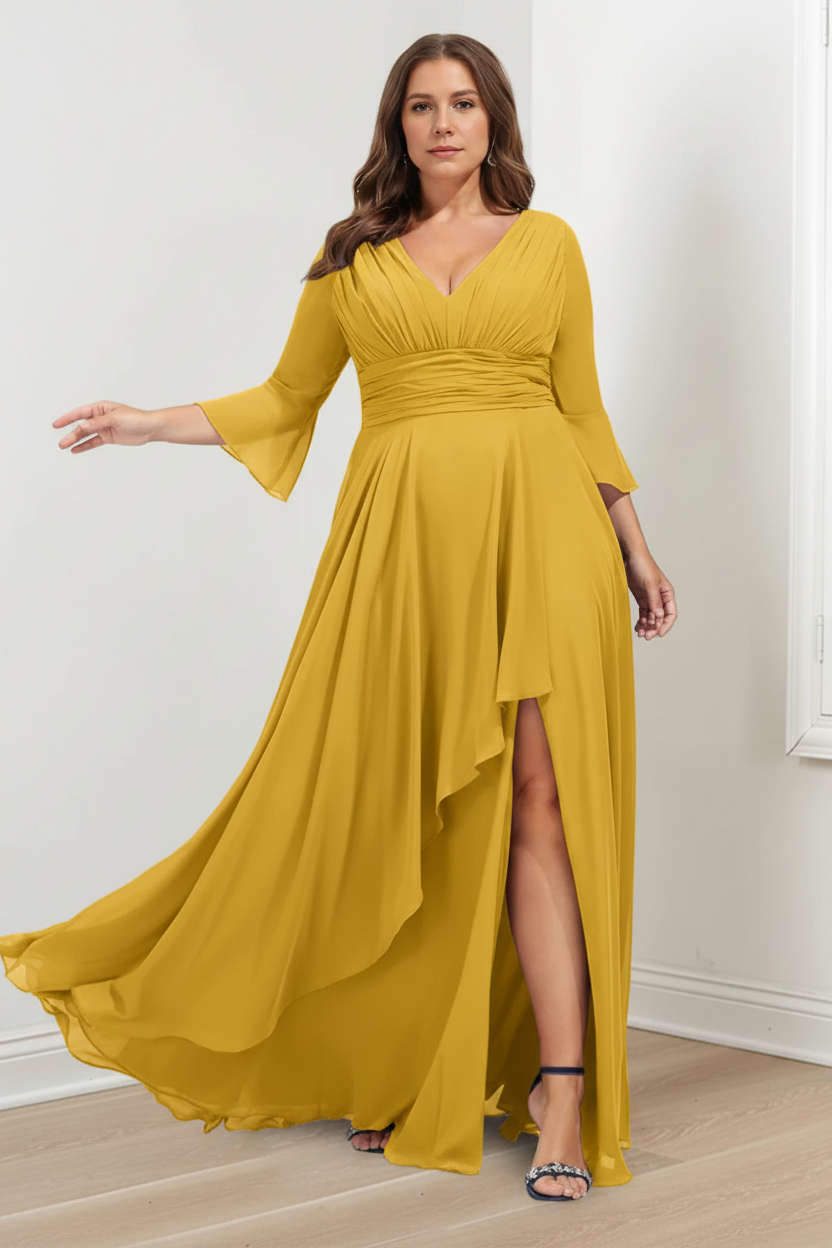 A-Line/Princess V-Neck 3/4 Length Sleeves Asymmetrical Plus Size Mother of the Bride Dresses with Ruffles