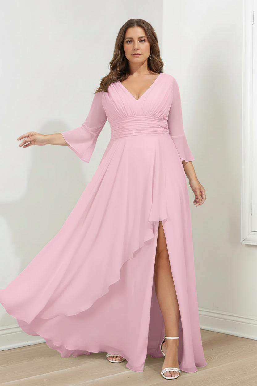 A-Line/Princess V-Neck 3/4 Length Sleeves Asymmetrical Plus Size Mother of the Bride Dresses with Ruffles