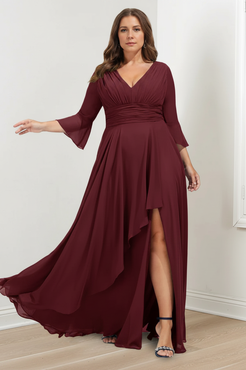 A-Line/Princess V-Neck 3/4 Length Sleeves Asymmetrical Plus Size Mother of the Bride Dresses with Ruffles