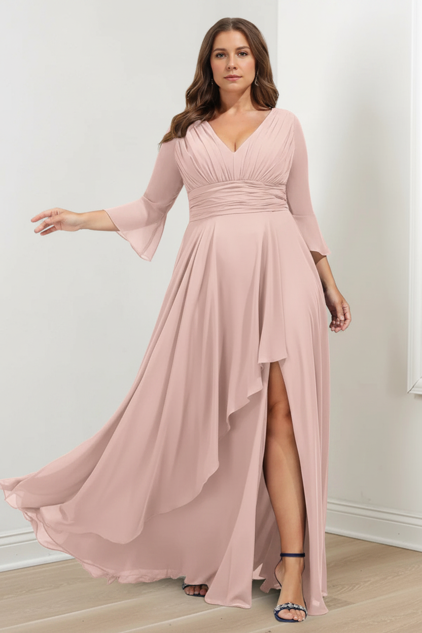 A-Line/Princess V-Neck 3/4 Length Sleeves Asymmetrical Plus Size Mother of the Bride Dresses with Ruffles