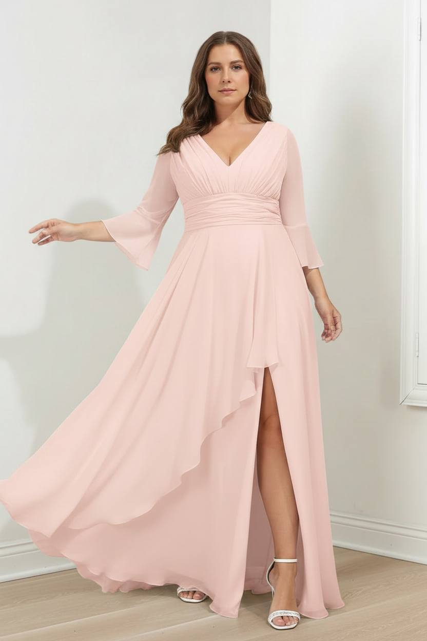 A-Line/Princess V-Neck 3/4 Length Sleeves Asymmetrical Plus Size Mother of the Bride Dresses with Ruffles