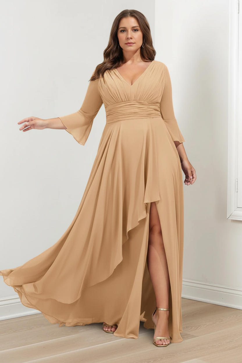 A-Line/Princess V-Neck 3/4 Length Sleeves Asymmetrical Plus Size Mother of the Bride Dresses with Ruffles