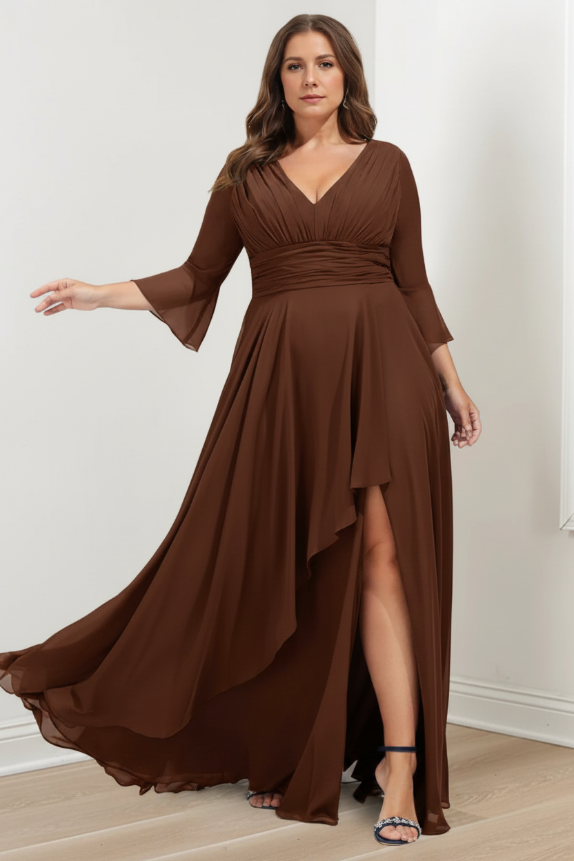 A-Line/Princess V-Neck 3/4 Length Sleeves Asymmetrical Plus Size Mother of the Bride Dresses with Ruffles
