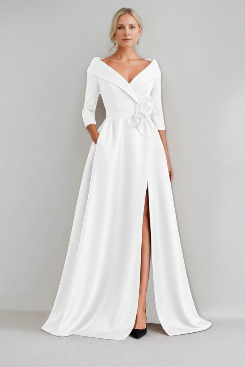 A-Line/Princess V-Neck 3/4 Sleeves Floor-Length Mother of the Bride Dresses with 3D Flowers & Pocket & Slit