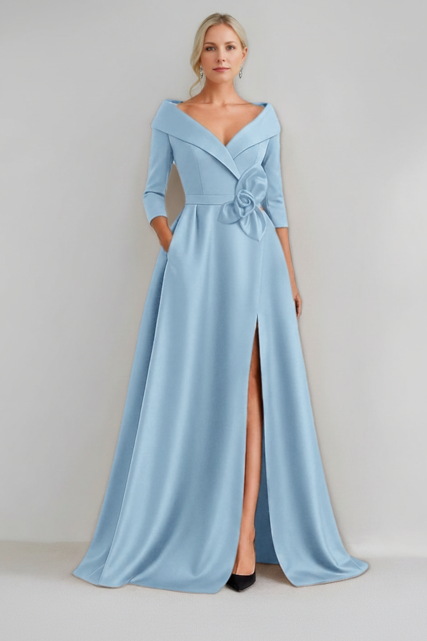 A-Line/Princess V-Neck 3/4 Sleeves Floor-Length Mother of the Bride Dresses with 3D Flowers & Pocket & Slit