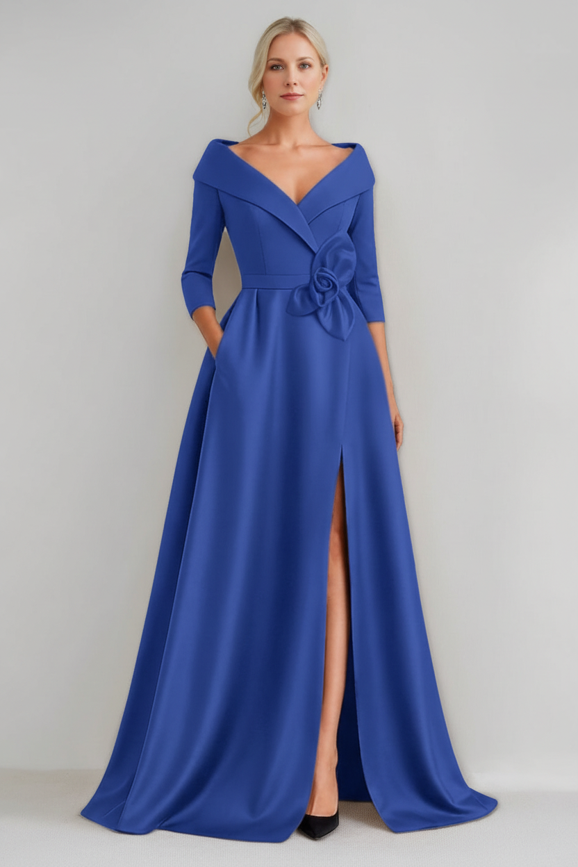 A-Line/Princess V-Neck 3/4 Sleeves Floor-Length Mother of the Bride Dresses with 3D Flowers & Pocket & Slit