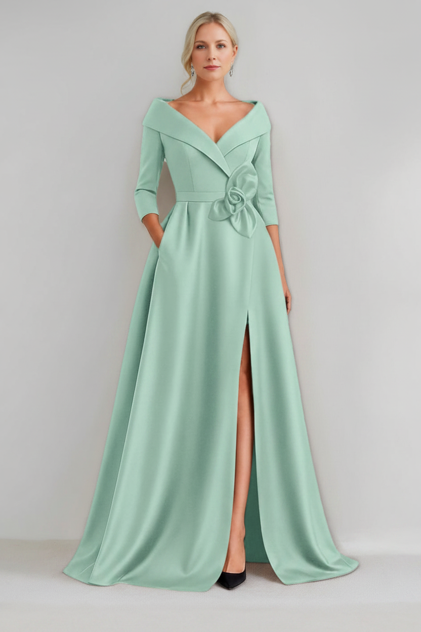 A-Line/Princess V-Neck 3/4 Sleeves Floor-Length Mother of the Bride Dresses with 3D Flowers & Pocket & Slit