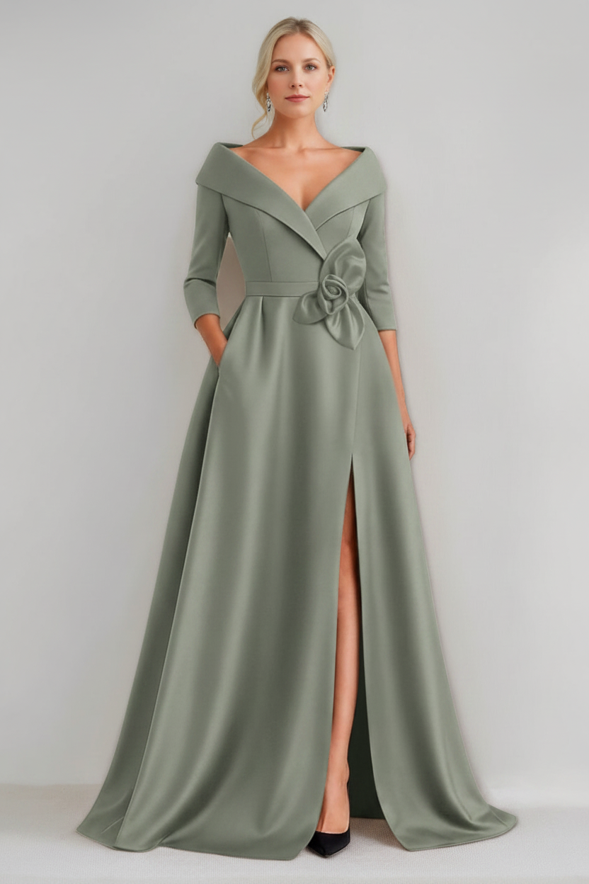 A-Line/Princess V-Neck 3/4 Sleeves Floor-Length Mother of the Bride Dresses with 3D Flowers & Pocket & Slit