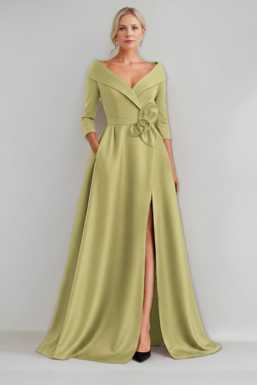 A-Line/Princess V-Neck 3/4 Sleeves Floor-Length Mother of the Bride Dresses with 3D Flowers & Pocket & Slit