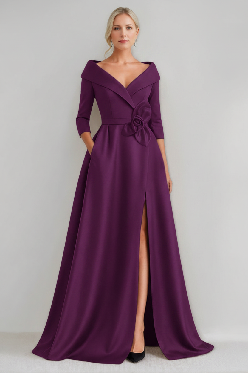 A-Line/Princess V-Neck 3/4 Sleeves Floor-Length Mother of the Bride Dresses with 3D Flowers & Pocket & Slit