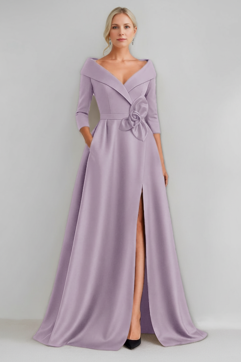 A-Line/Princess V-Neck 3/4 Sleeves Floor-Length Mother of the Bride Dresses with 3D Flowers & Pocket & Slit