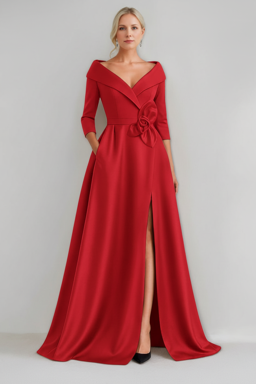 A-Line/Princess V-Neck 3/4 Sleeves Floor-Length Mother of the Bride Dresses with 3D Flowers & Pocket & Slit