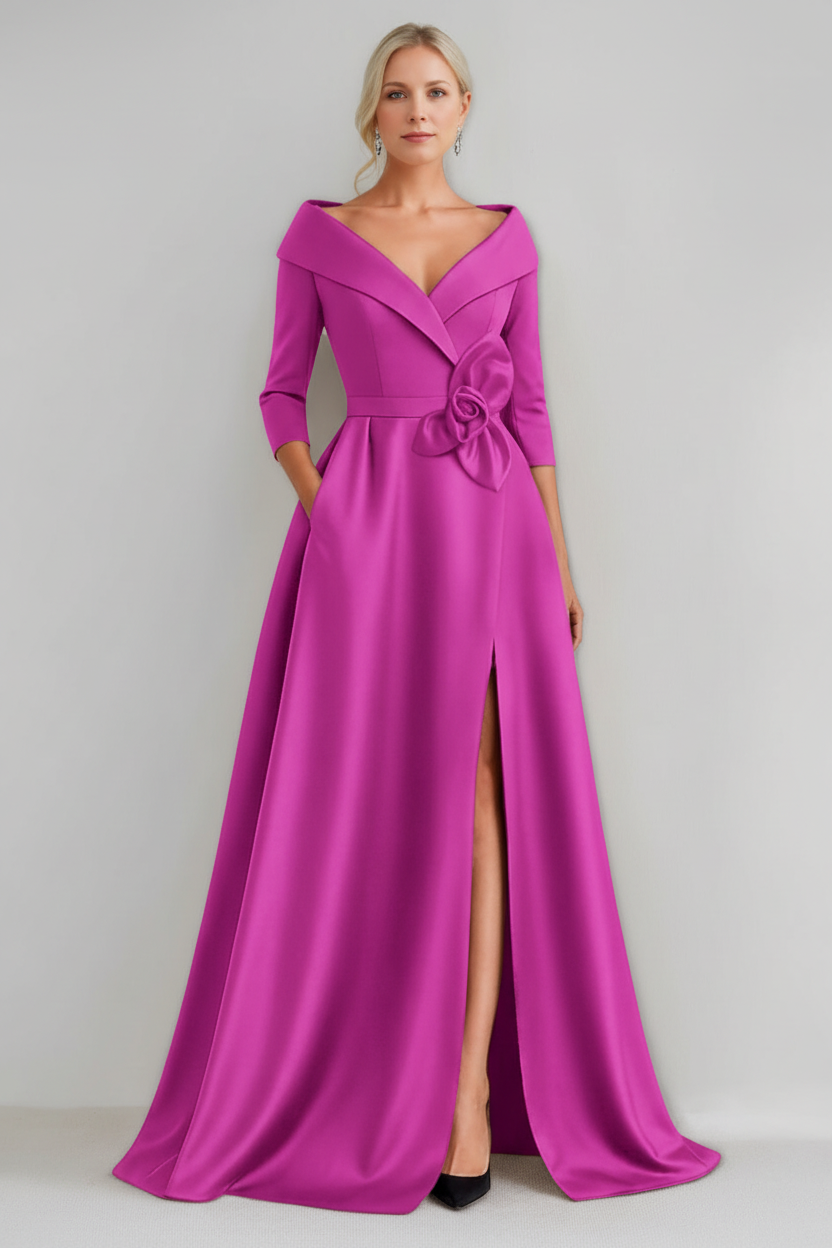 A-Line/Princess V-Neck 3/4 Sleeves Floor-Length Mother of the Bride Dresses with 3D Flowers & Pocket & Slit