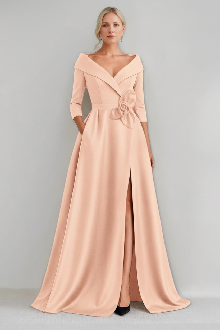 A-Line/Princess V-Neck 3/4 Sleeves Floor-Length Mother of the Bride Dresses with 3D Flowers & Pocket & Slit